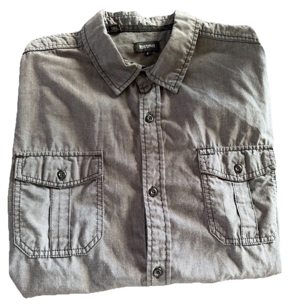 DAVID BITTON BUFFALO MENS SHORT SLEEVE SHIRT LARGE WOVEN BUTTON DOWN GRAY BLACK